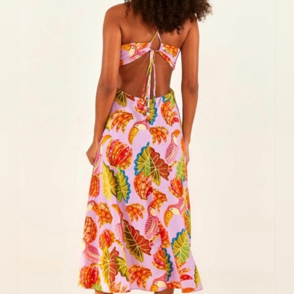 Farm Rio Beaks & Bananas Cut-Out Tassel Midi Dress Size L - Picture 3 of 4